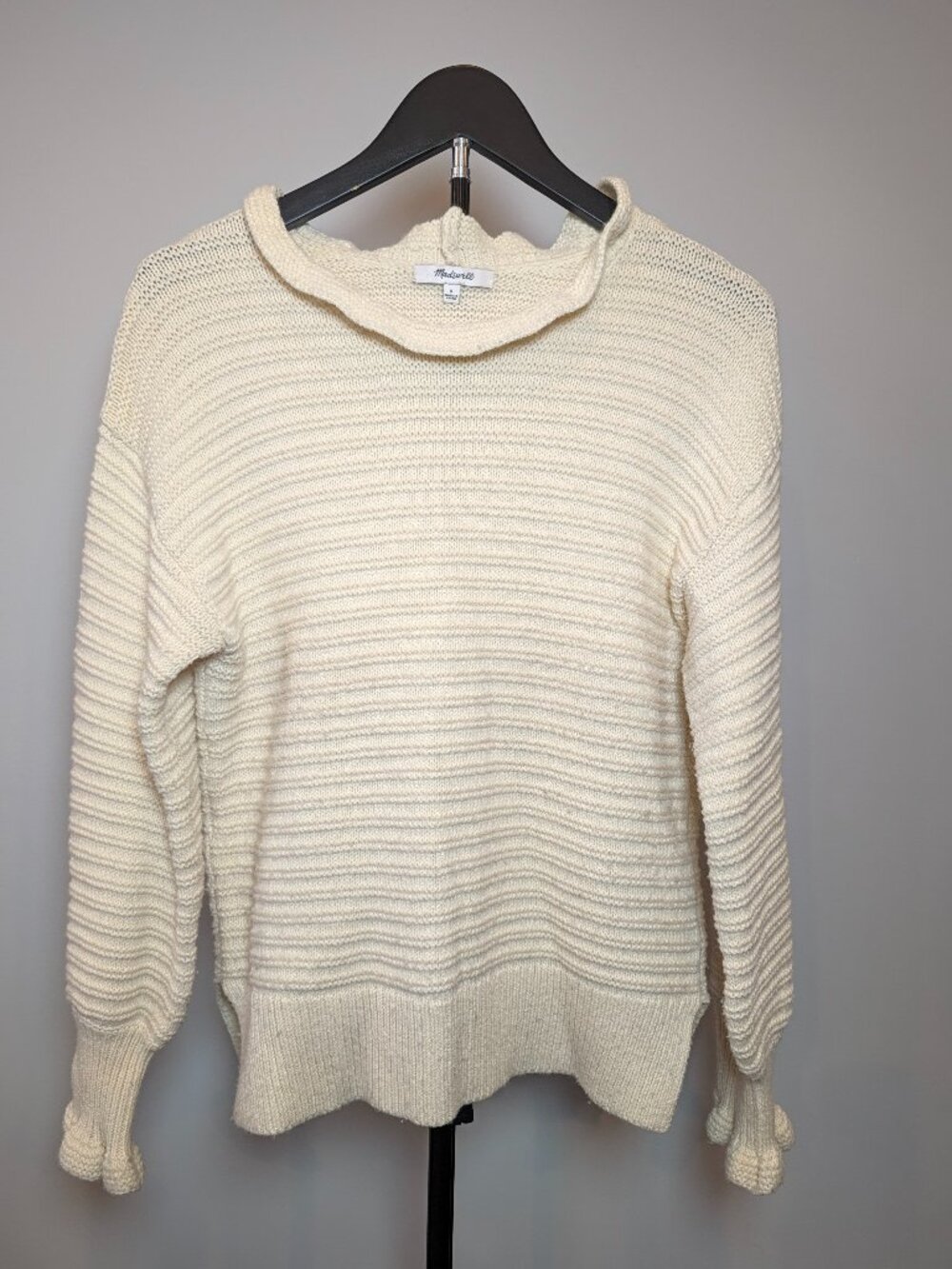 Madewell Sweater Size S Cream Ivory Ruffle-Neck Pullover Knit Cotton Merino Wool